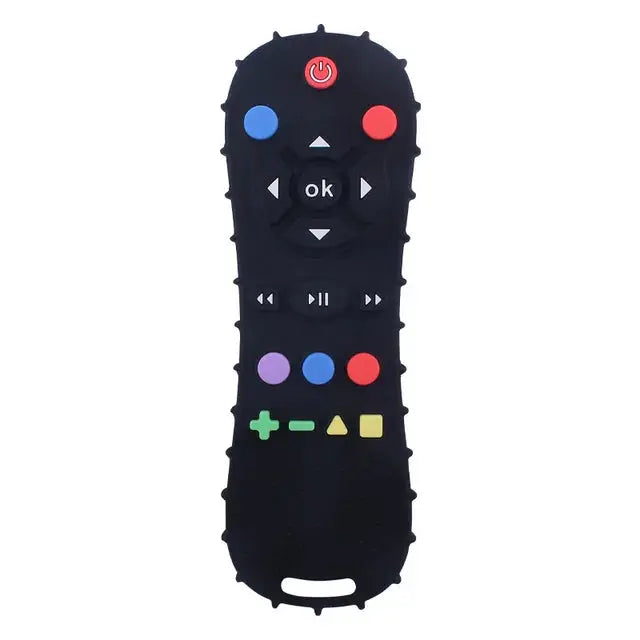 a black remote control with different colored buttons