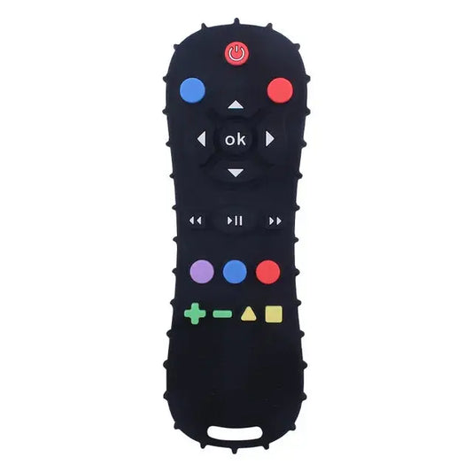 a black remote control with different colored buttons