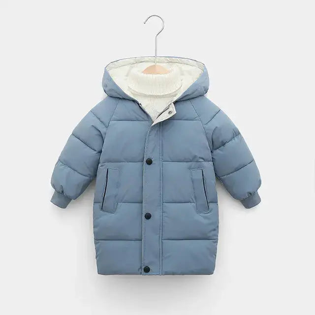 a baby boy's winter coat hanging on a hanger