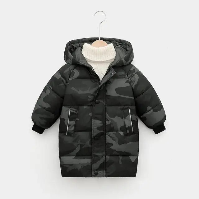 a toddler's winter coat hanging on a hanger