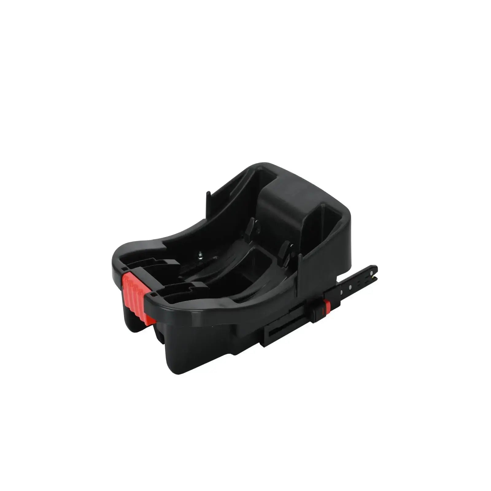 a car seat base with a red button on it