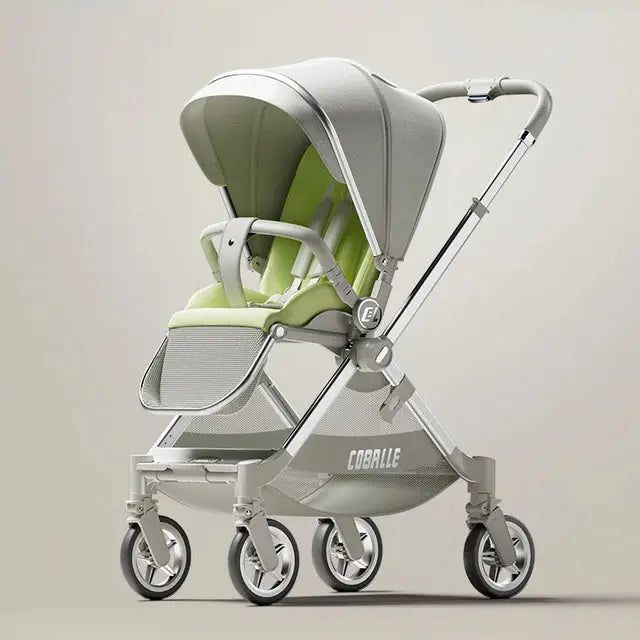 a baby stroller with wheels and a green seat