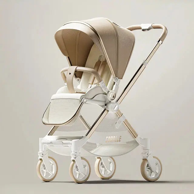 a white stroller with a beige seat