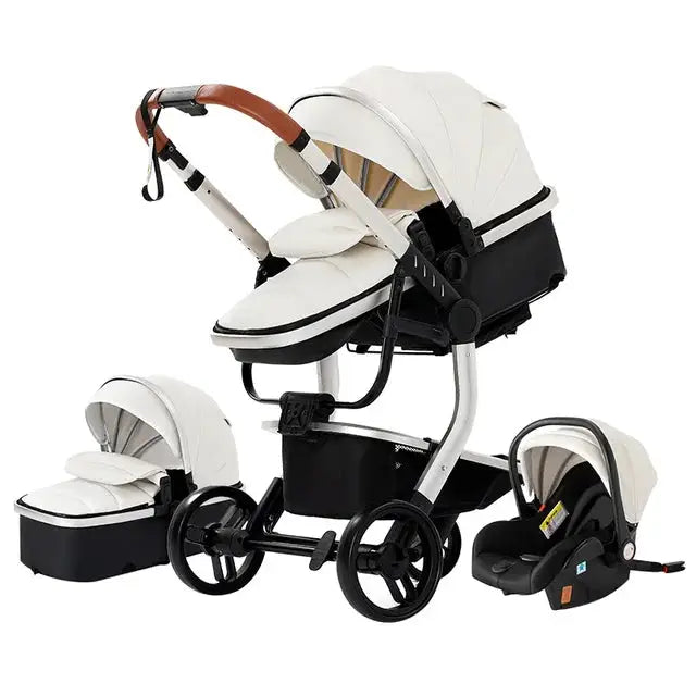 a white stroller with a brown handlebar