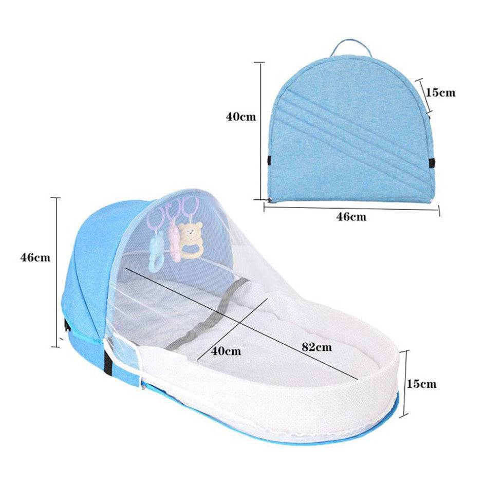 a blue and white baby stroller with a canopy