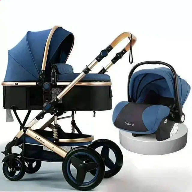 a baby stroller with a blue seat next to it