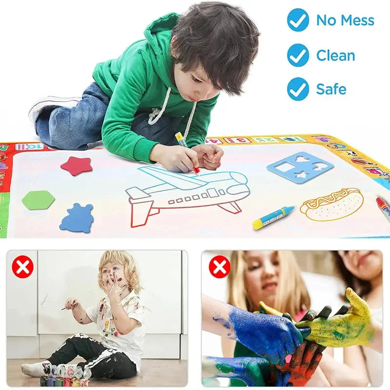 a child is drawing on a table with markers
