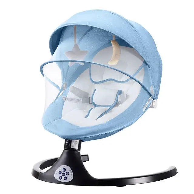 a blue and white baby seat with a canopy