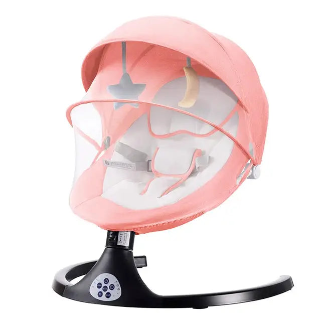 a pink and white baby seat on a black stand