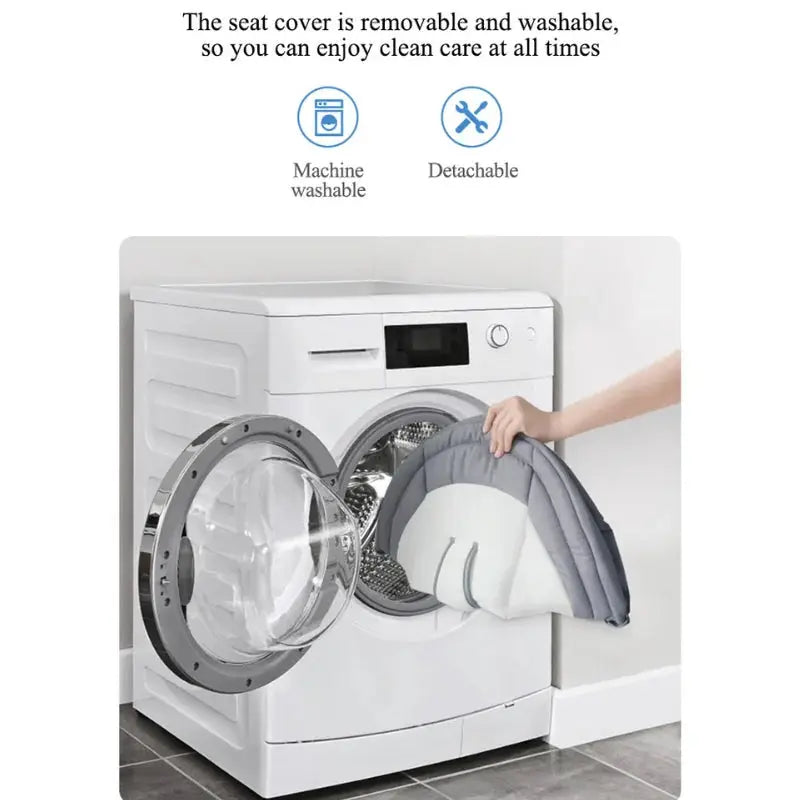 a person is holding a dryer in front of a washing machine