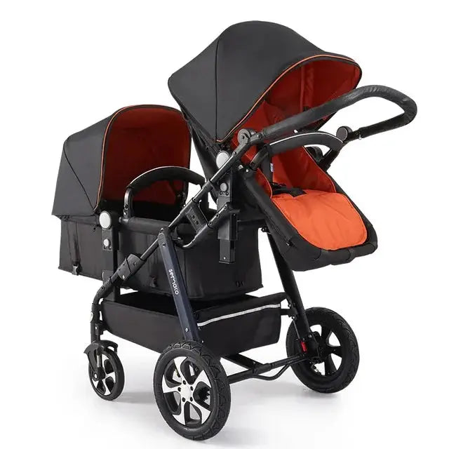 a black and orange stroller with a red seat