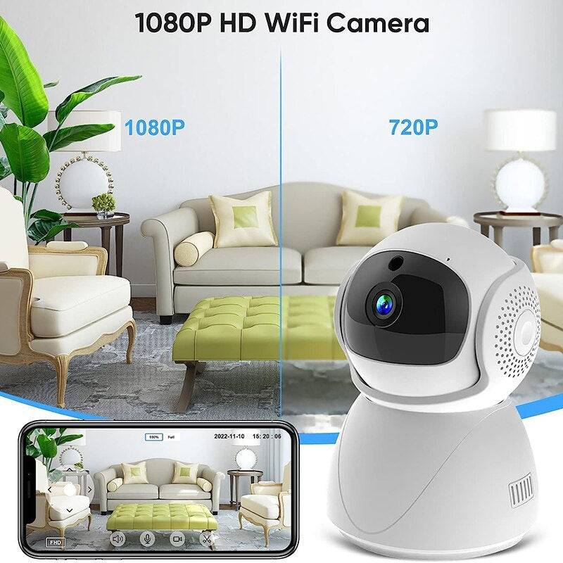 an image of a camera with a living room in the background