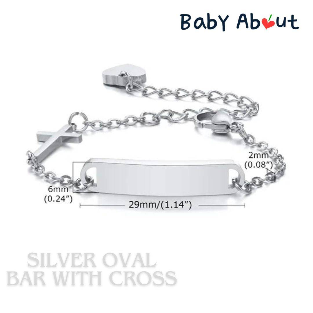 a silver bracelet with a name tag on it