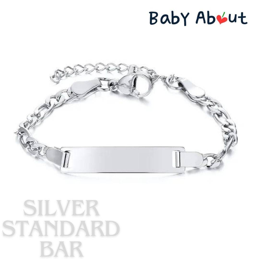 a silver bracelet with a bar on it