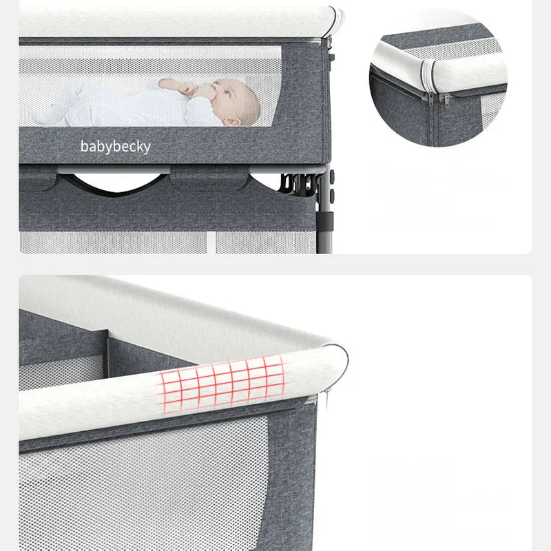 Adjustable Twins Cradle Crib with Wheels & Mesh Bassinet for 2 Babies