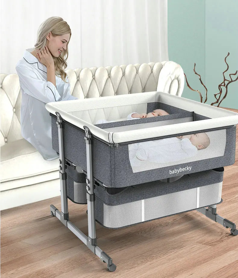 Adjustable Twins Cradle Crib with Wheels & Mesh Bassinet for 2 Babies