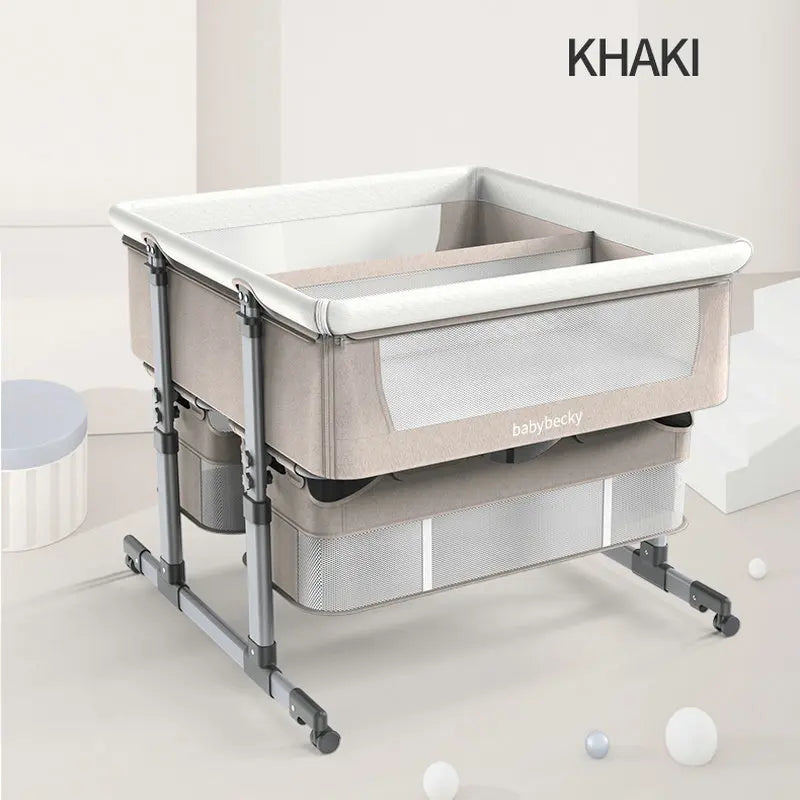 Adjustable Twins Cradle Crib with Wheels & Mesh Bassinet for 2 Babies