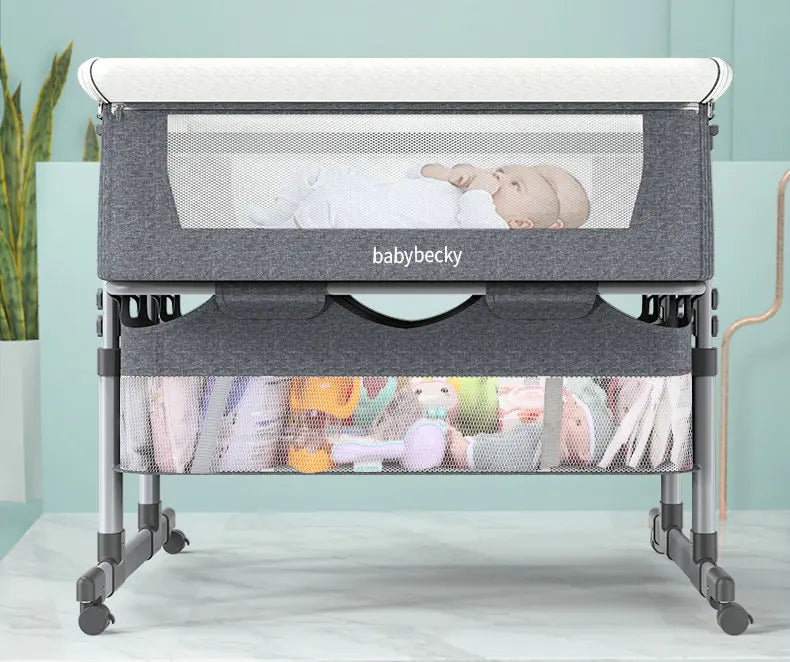 Adjustable Twins Cradle Crib with Wheels & Mesh Bassinet for 2 Babies