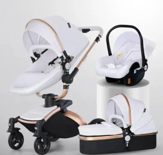 a white and gold stroller with a black seat