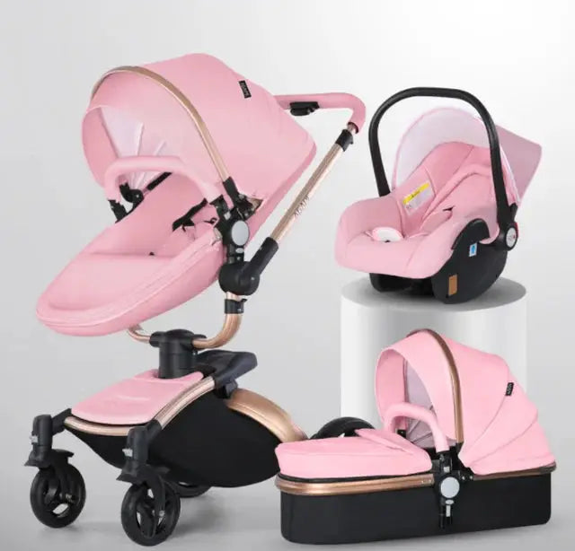 a pink baby stroller with a black base