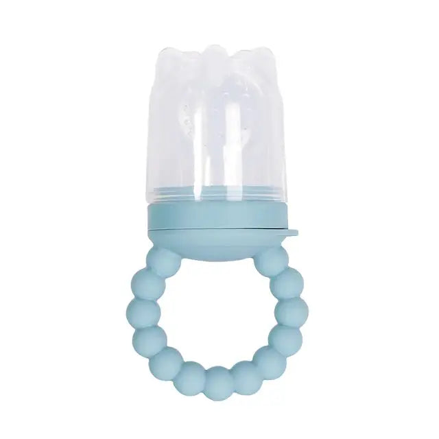 a blue pacifier with a plastic ring around it