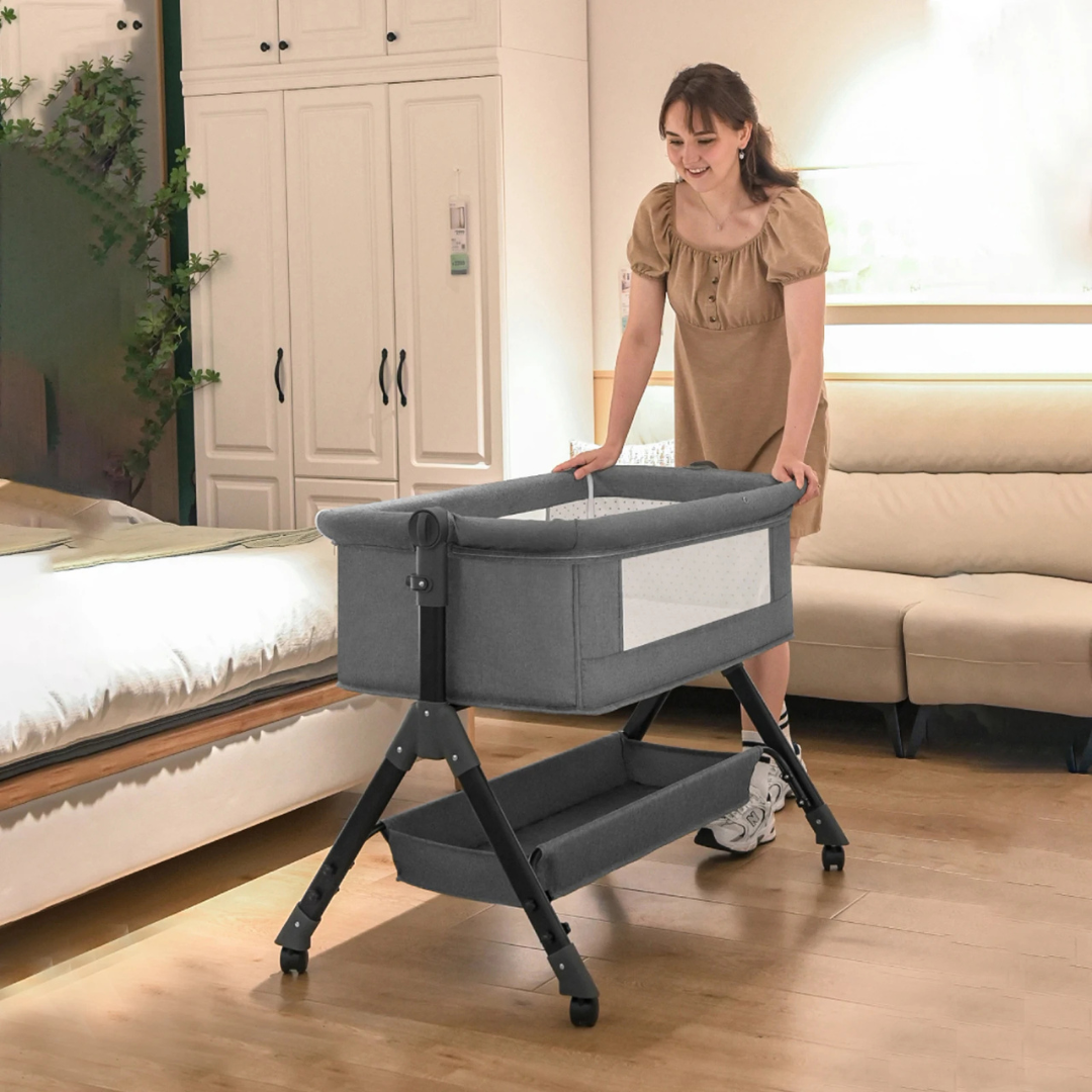 a baby high chair with two legs and a tray