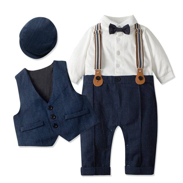 a baby boy's outfit and hat with suspenders