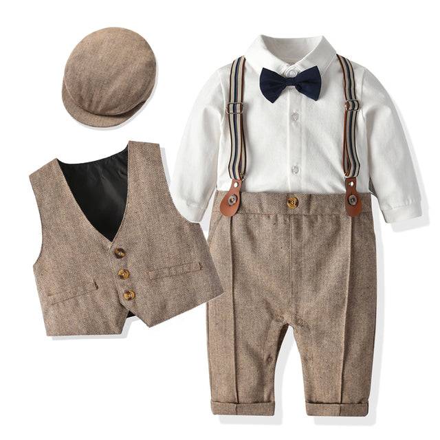 a baby boy's outfit and hat is shown