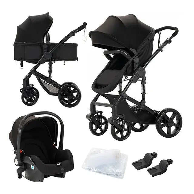 a baby stroller with a baby seat and accessories