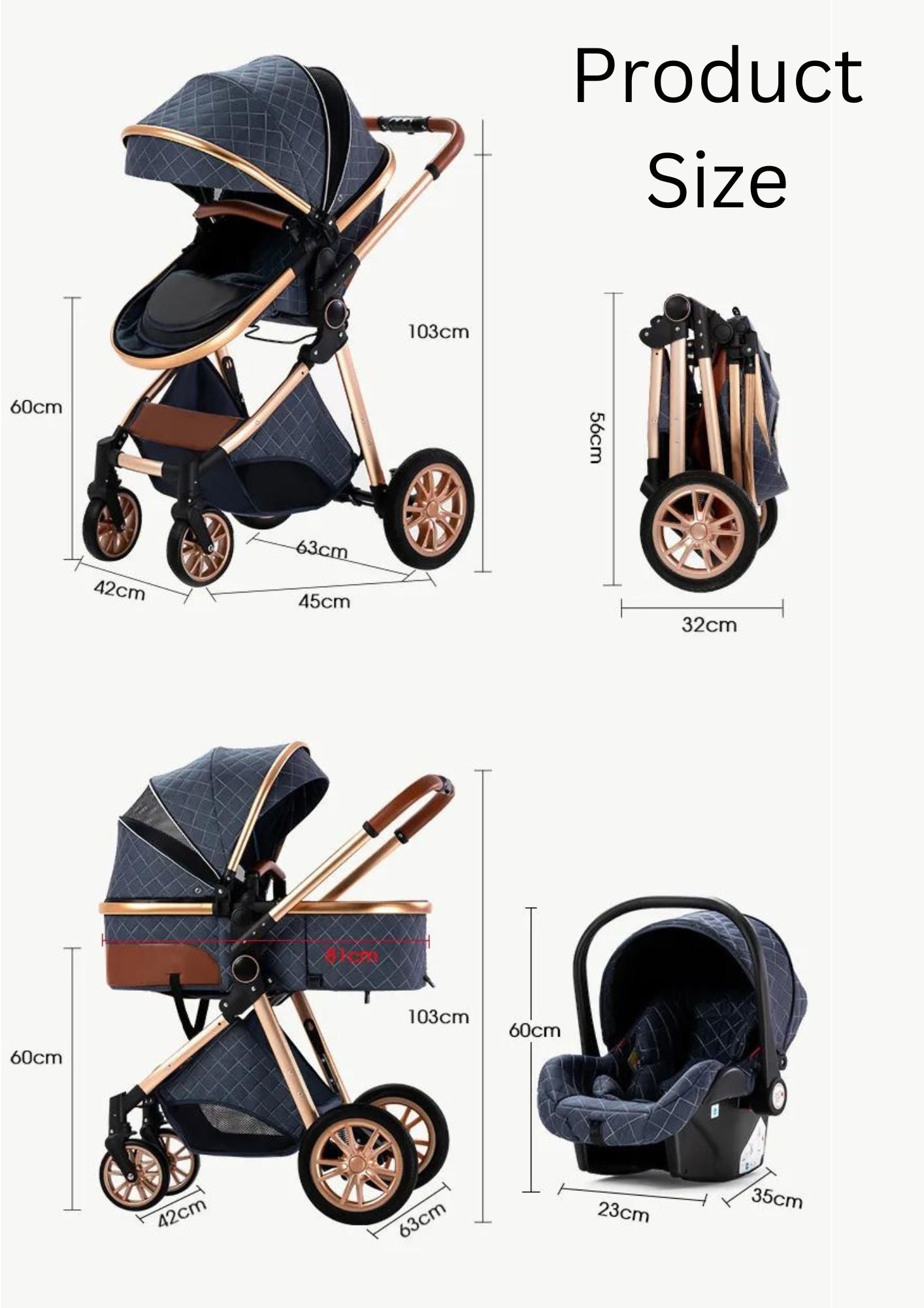 an image of a baby stroller with measurements