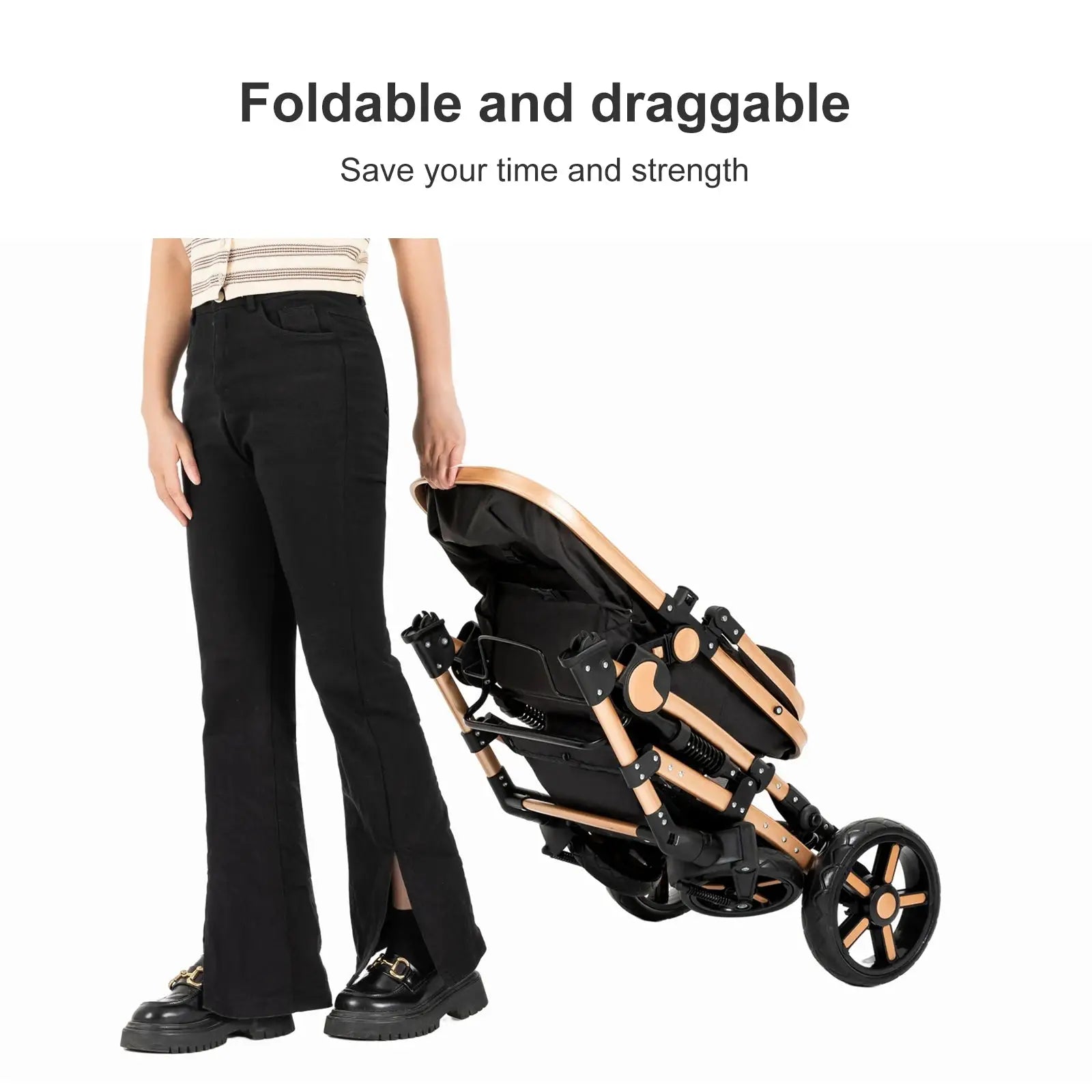 a woman standing next to a baby stroller