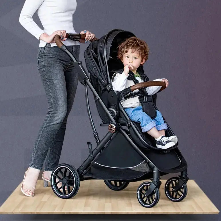 a woman standing next to a child in a stroller