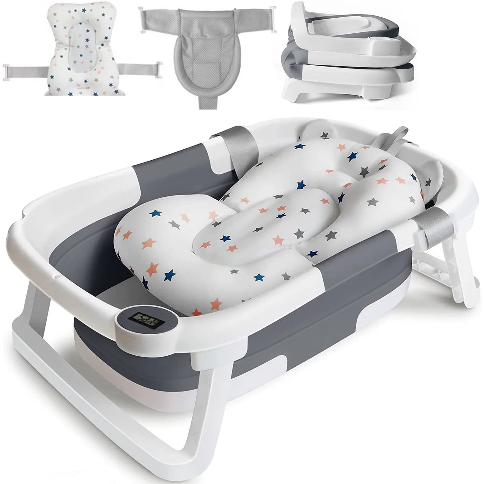 Foldable Baby Bath Tub with Cushion & Thermometer