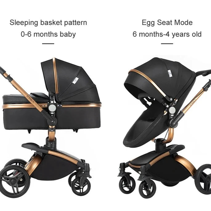 a black and gold baby stroller with wheels