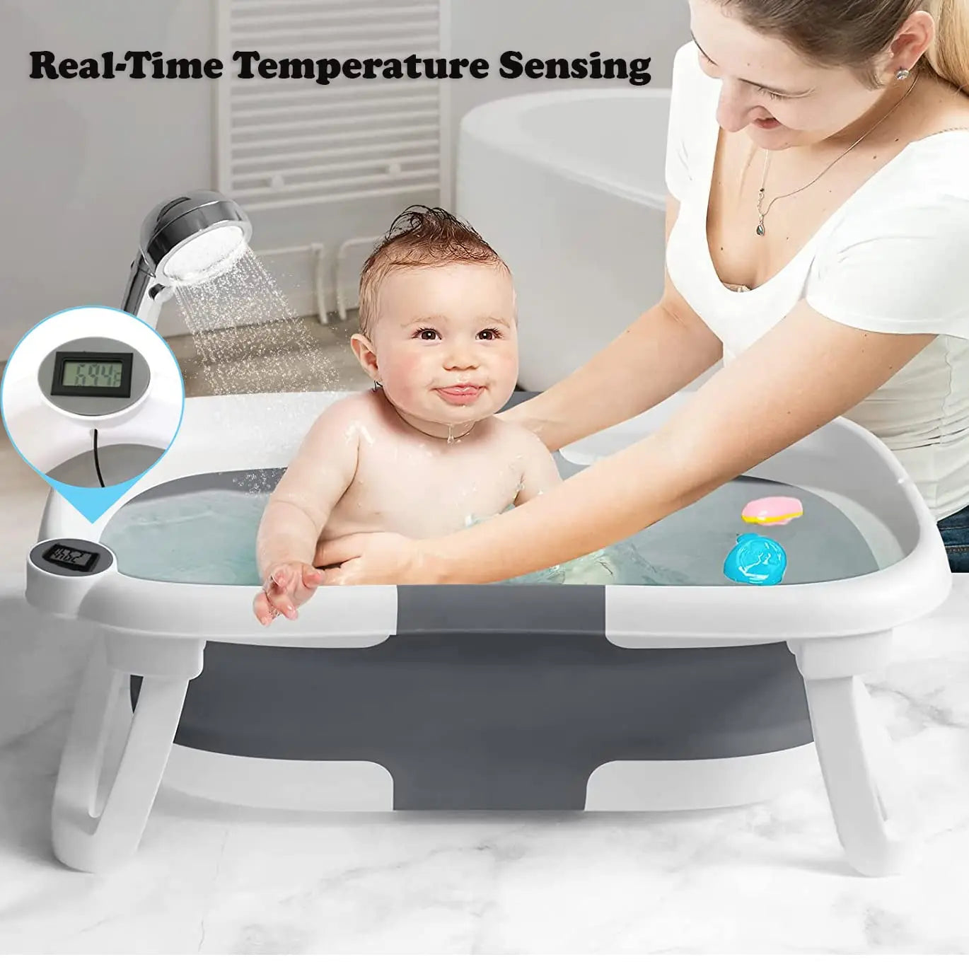 Foldable Baby Bath Tub with Cushion & Thermometer