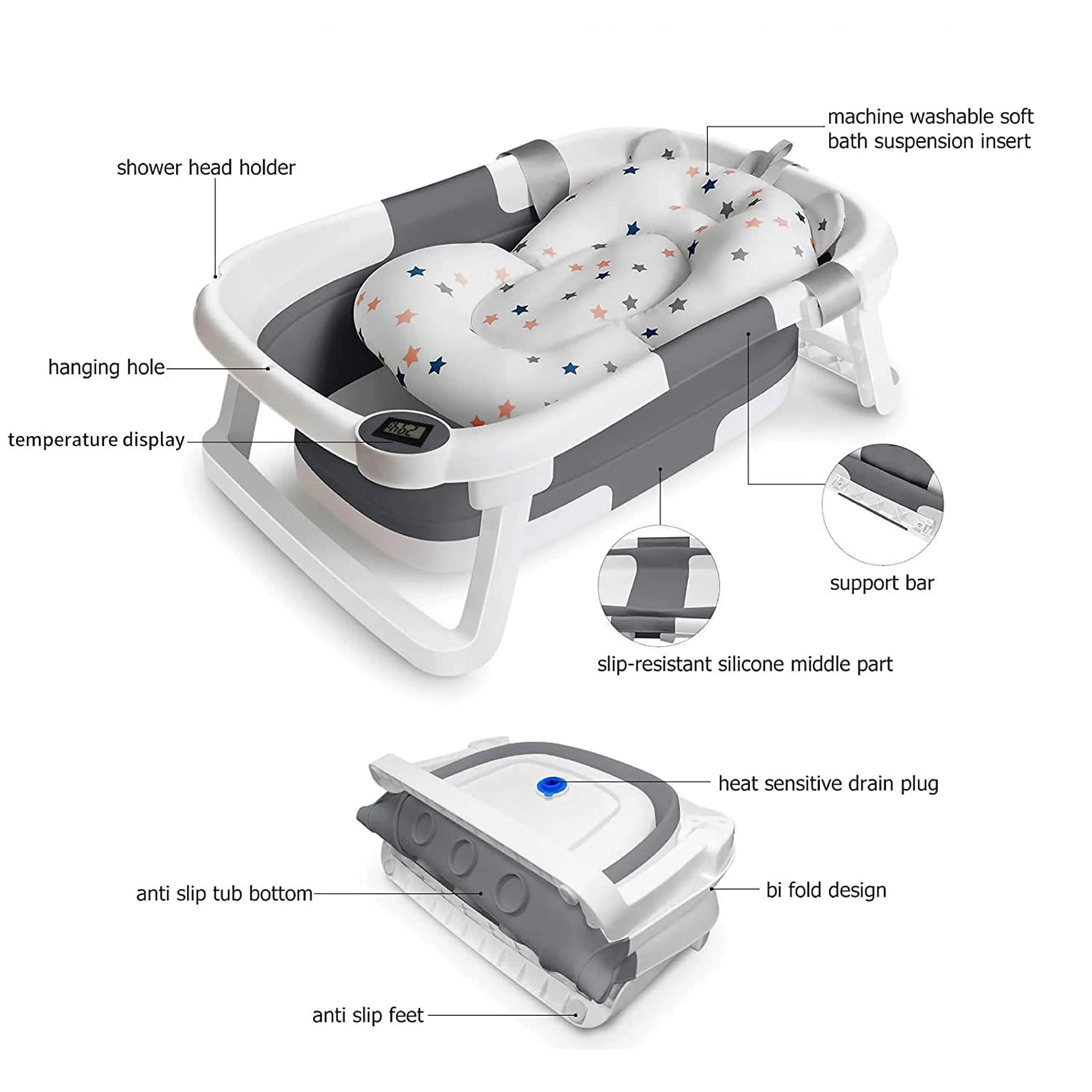 Foldable Baby Bath Tub with Cushion & Thermometer