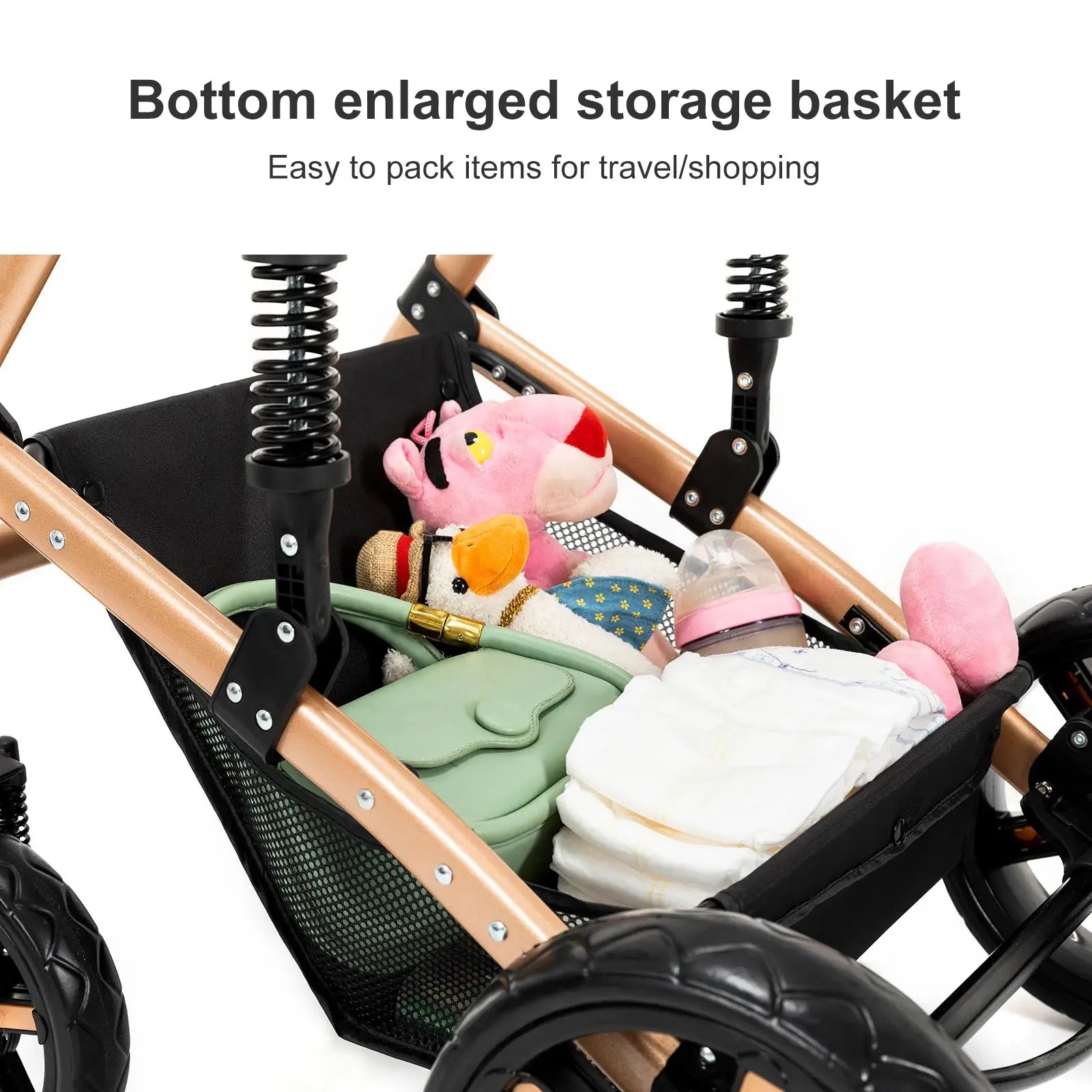 a baby stroller with a lot of items in it