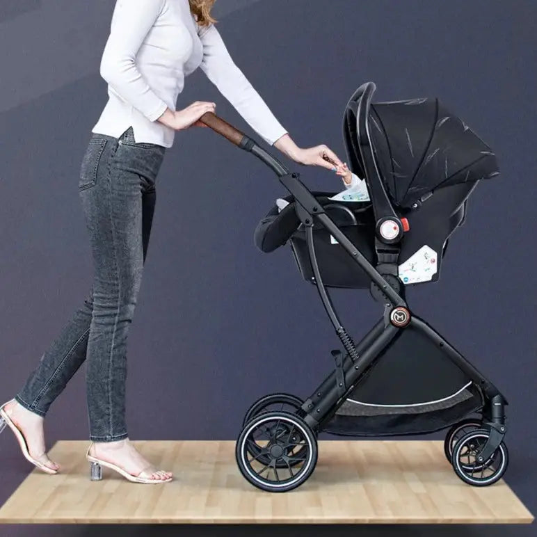 a woman pushing a stroller with a baby in it