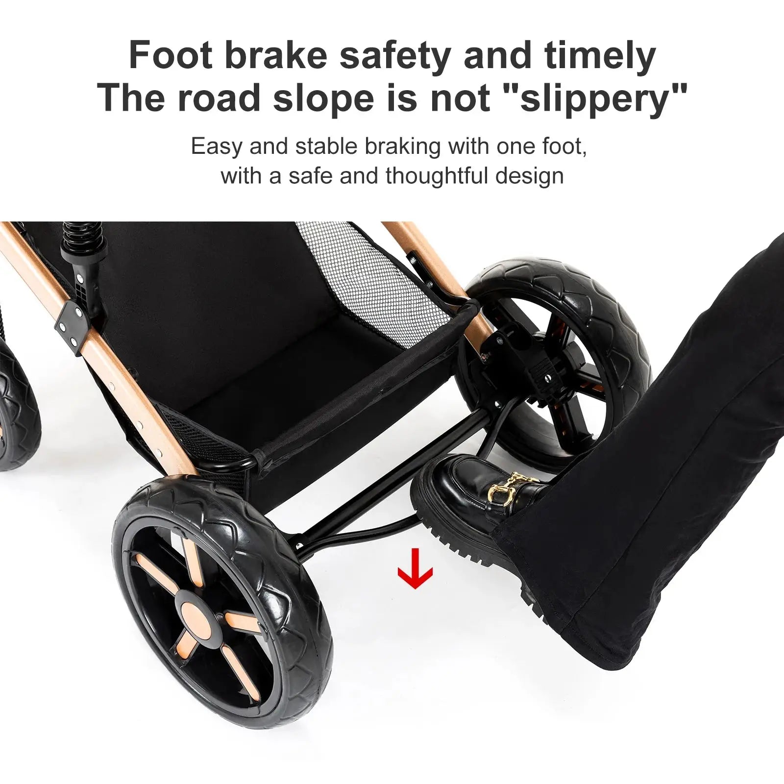 a black stroller with wheels and a black seat