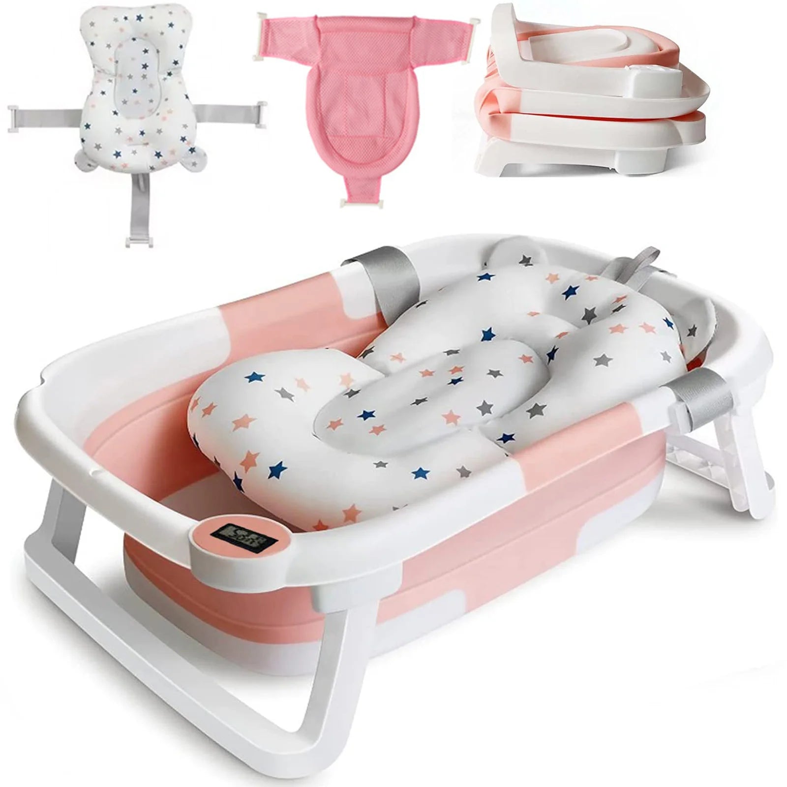 Foldable Baby Bath Tub with Cushion & Thermometer