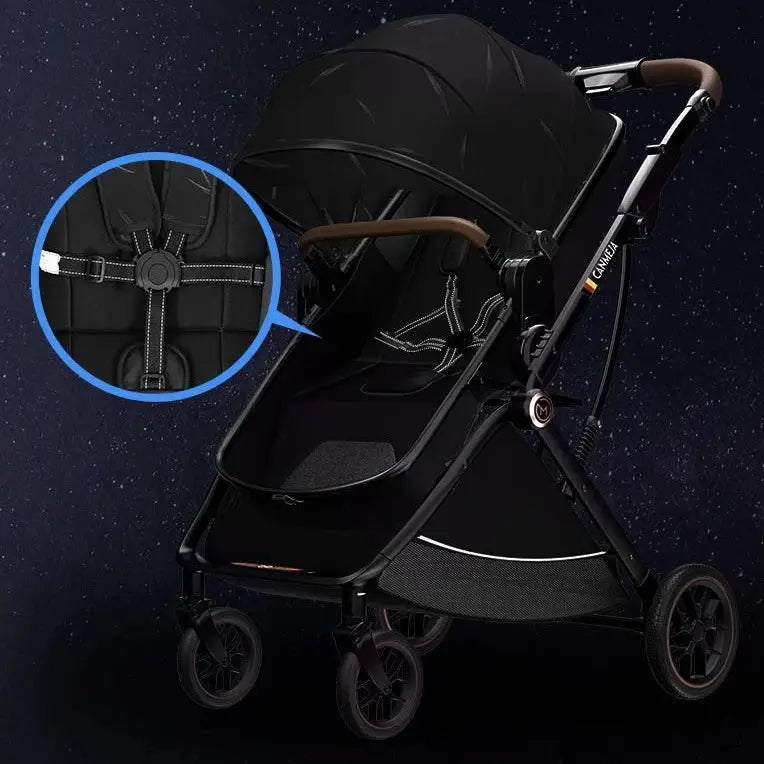 a black stroller with a blue circle around it