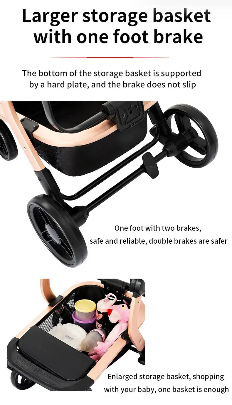 a baby stroller with storage compartment and wheels