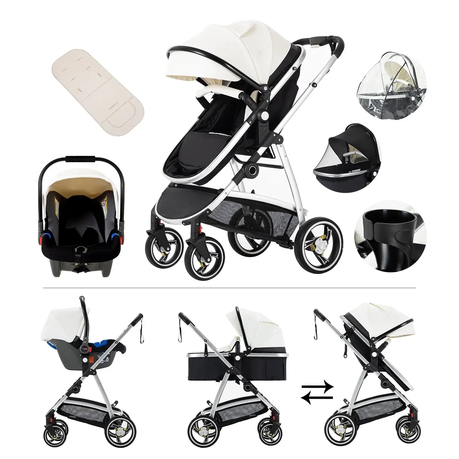 a picture of a baby stroller and accessories