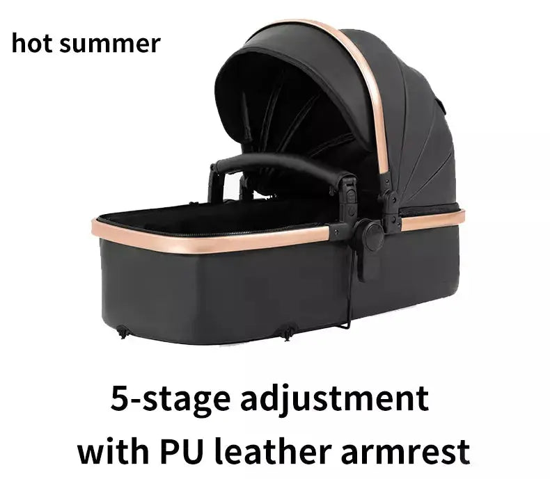 a baby stroller with the text 5 stage adjustments with pu leather armrest