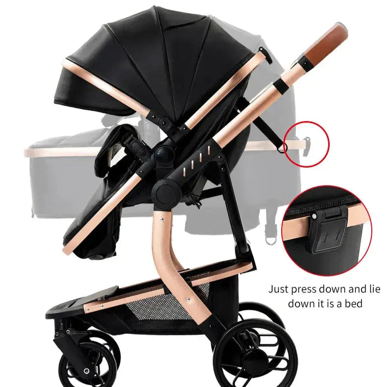 a baby stroller with a black and gold trim