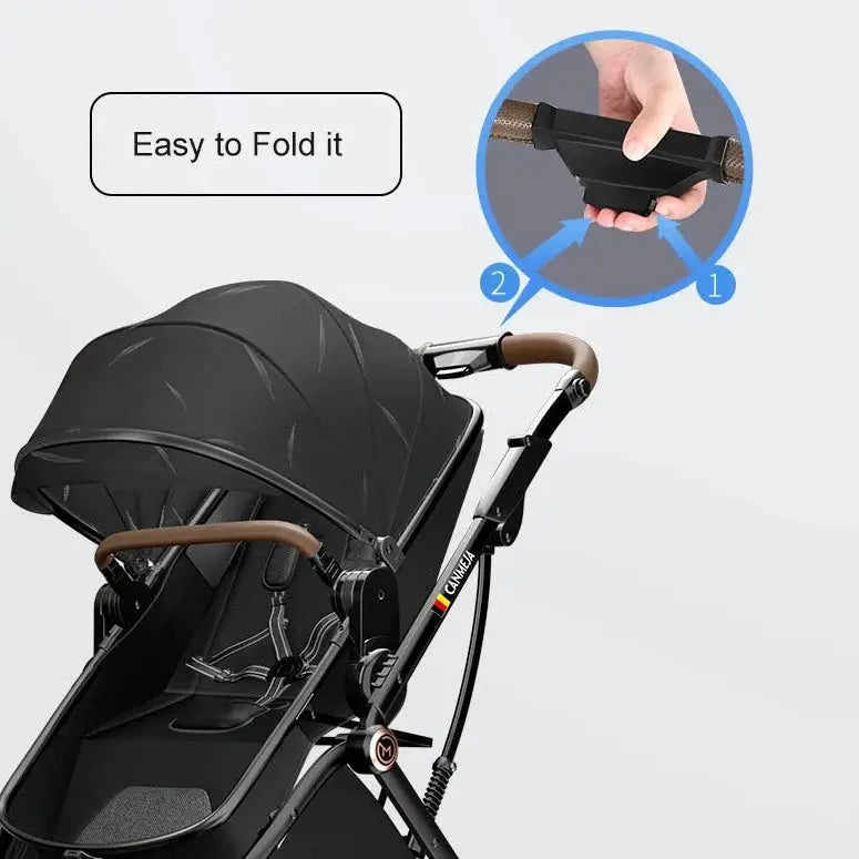 a baby stroller with a hand holding the handle