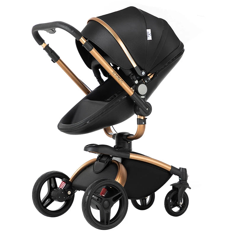 a black and gold stroller with wheels