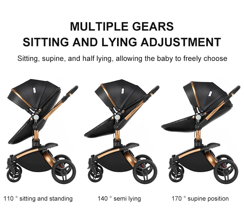 three different views of a baby stroller