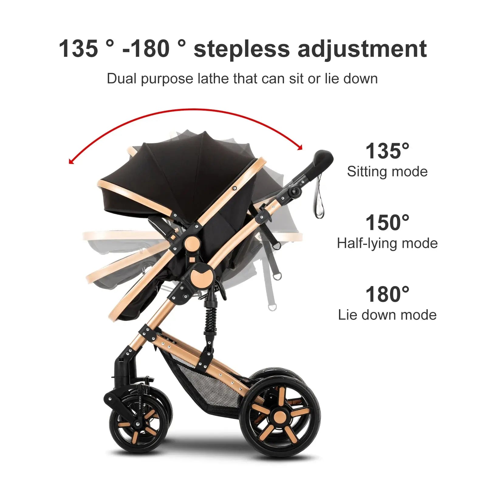 a black and gold stroller with a black umbrella