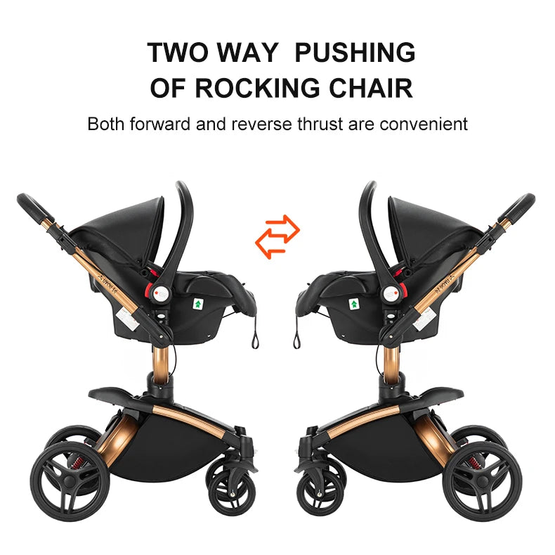 two black and gold strollers with wheels